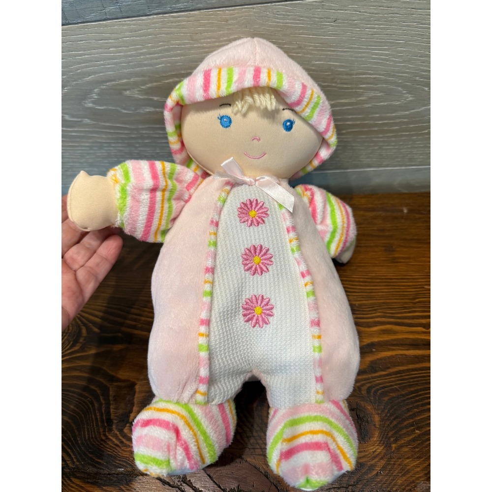 Kids Preferred Plush Baby Doll Pink Striped Velour Floral Embroidered 12" 90591